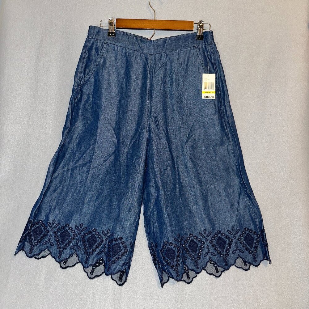 Catherine Malandrino Indigo Capri Pants M Wide Leg Blue Eyelet Culottes $120 New